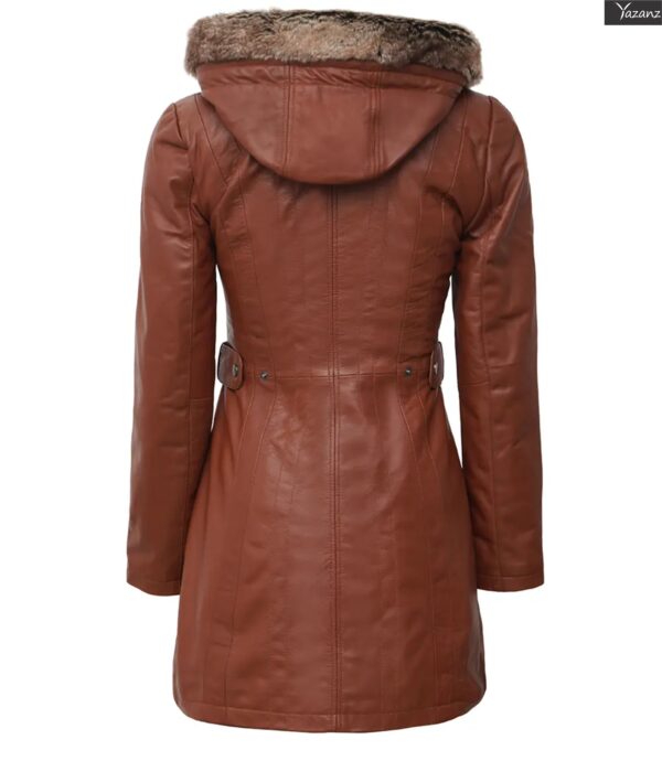 Womens Brown Premium Leather Coat with Removable Fur Hood - Image 3