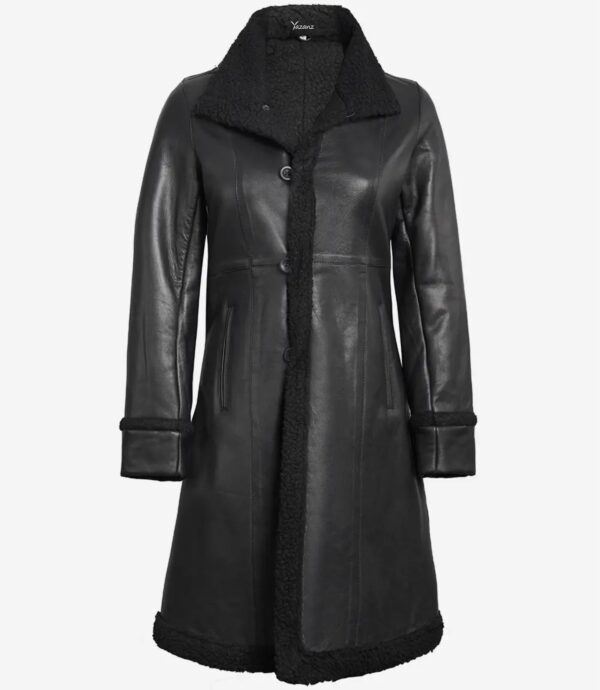 Women’s Long Black Leather Coat with Faux Shearling Lining - Image 2