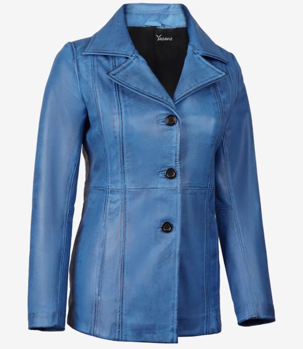 Womens Stylish Blue Waxed Leather Coat  Three Buttons - Image 2