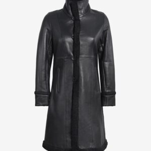 Women’s Long Black Leather Coat with Faux Shearling Lining