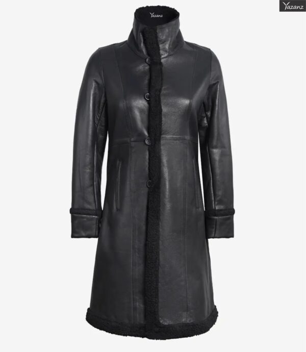 Women’s Long Black Leather Coat with Faux Shearling Lining