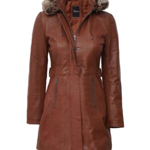 Womens Brown Premium Leather Coat with Removable Fur Hood