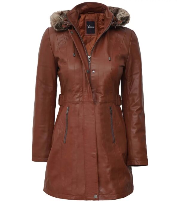 Womens Brown Premium Leather Coat with Removable Fur Hood