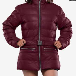 Robin Women's Maroon Real Leather Puffer Jacket with Premium Insulation
