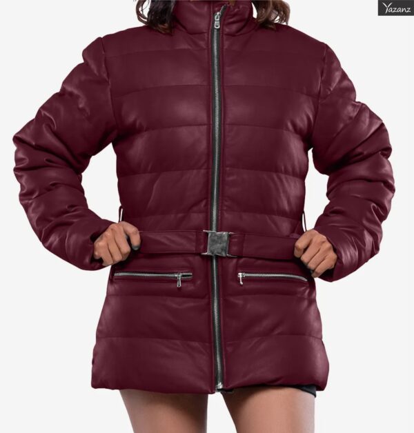 Robin Women's Maroon Real Leather Puffer Jacket with Premium Insulation