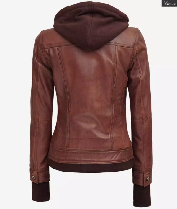 Blaze Women's Cognac Wax Bomber Jacket  Removable Hood Included - Image 3