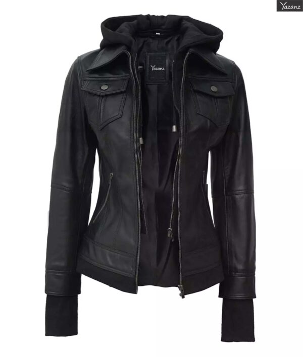 Blaze Women's Black Bomber Jacket  Removable Hood Included