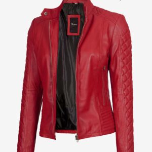 Womens Real Leather Biker Jacket  Quilted Red Design