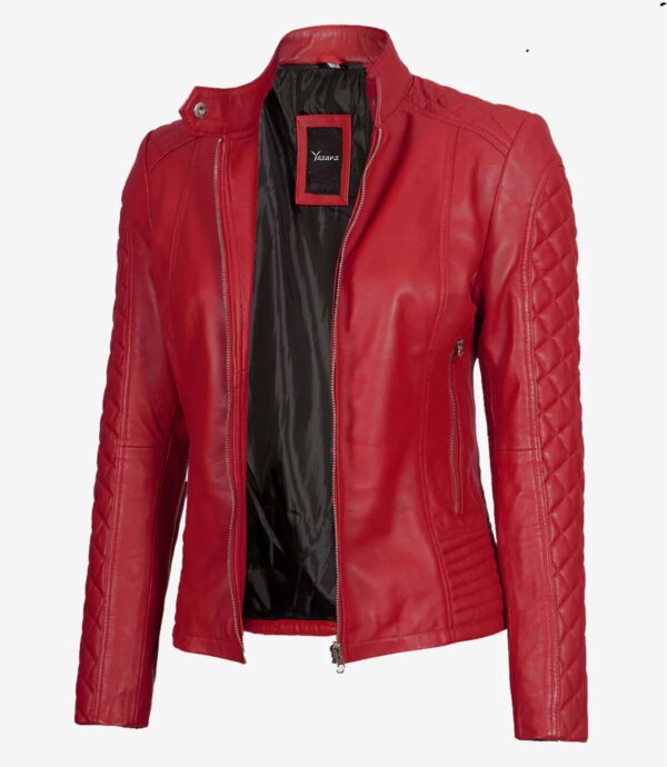 Womens Real Leather Biker Jacket  Quilted Red Design