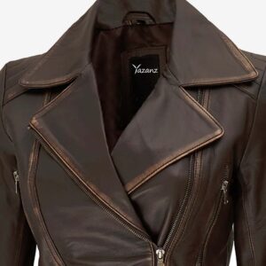 Women's Distressed Brown Leather Biker Jacket  Long Style