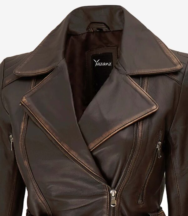 Women's Distressed Brown Leather Biker Jacket  Long Style