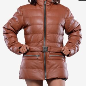 Robin Women's Camel Real Leather Puffer Jacket with Premium Insulation