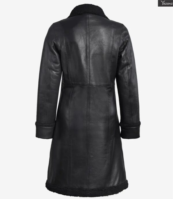 Women’s Long Black Leather Coat with Faux Shearling Lining - Image 3