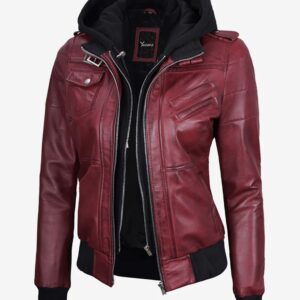 Blaze Women's Maroon Bomber Jacket  Removable Hood Included