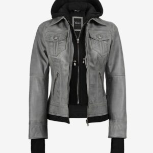Blaze Women's Light Gray Bomber Jacket  Removable Hood Included