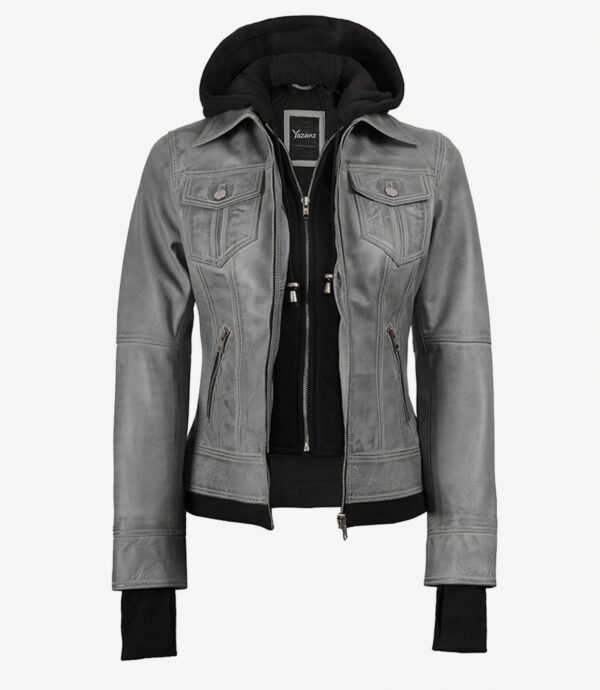 Blaze Women's Light Gray Bomber Jacket  Removable Hood Included