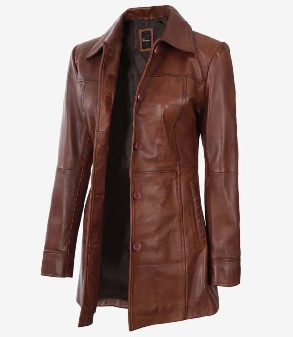 Womens Chestnut Leather Coat â€” 3/4 Length with Button Closure - Image 3