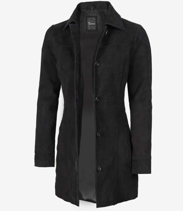 Women's Black Suede Trench-Style Button Coat - Image 2