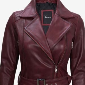 Women's Maroon Leather Moto Jacket  Belted, Side-Zip Design