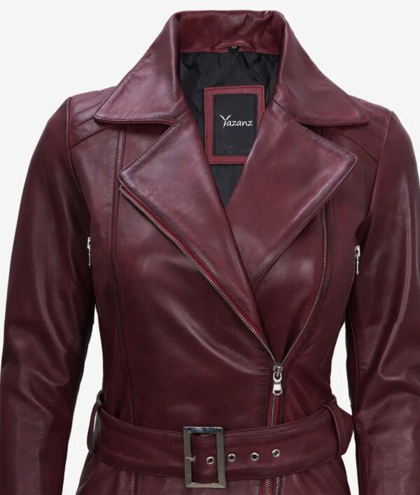 Women's Maroon Leather Moto Jacket  Belted, Side-Zip Design