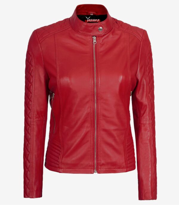 Womens Real Leather Biker Jacket  Quilted Red Design - Image 2