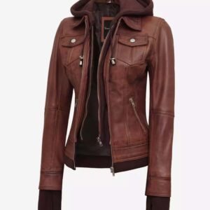 Blaze Women's Cognac Wax Bomber Jacket  Removable Hood Included