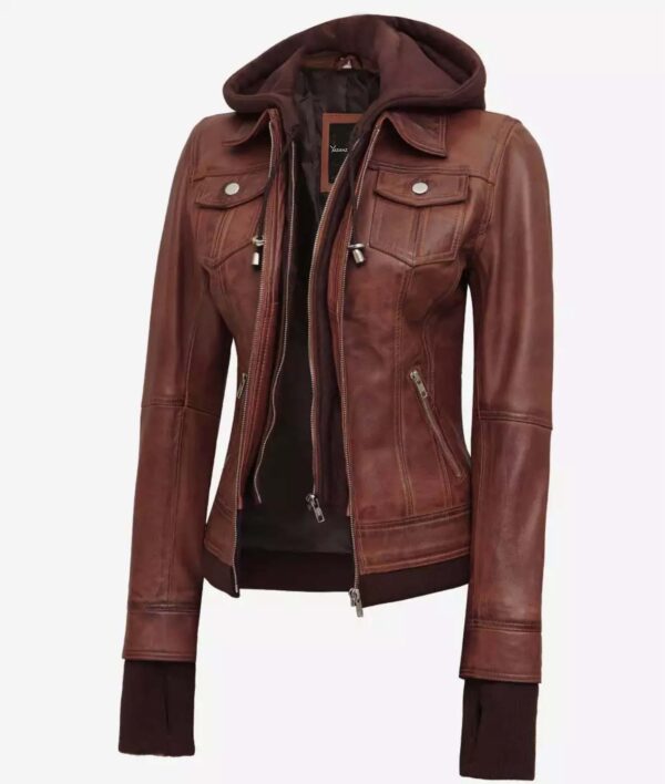 Blaze Women's Cognac Wax Bomber Jacket  Removable Hood Included