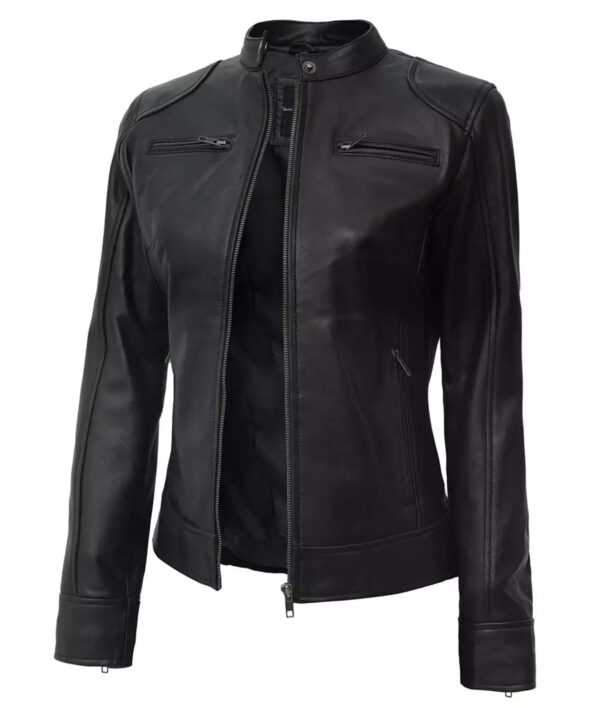 Women's Black Lambskin Leather Biker Jacket - Image 3