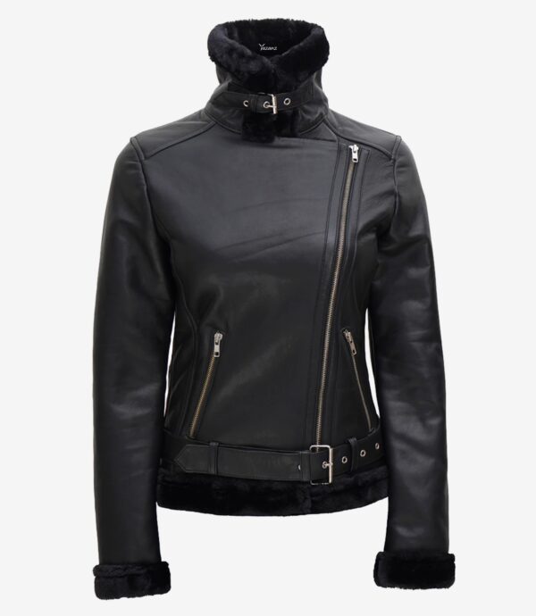 Womens Black Moto Jacket  Real Leather, Cozy Shearling Inside - Image 3
