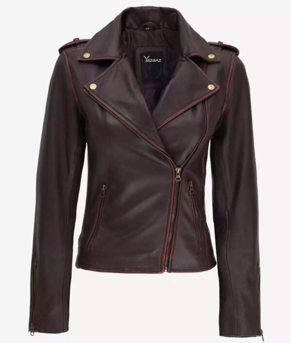 Women's Dark Brown Leather Moto Jacket  Side Zip Design