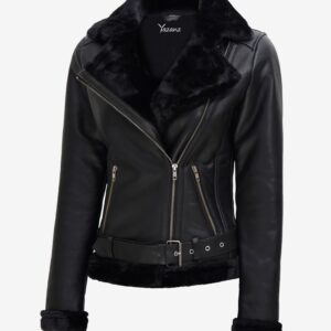 Womens Black Moto Jacket  Real Leather, Cozy Shearling Inside