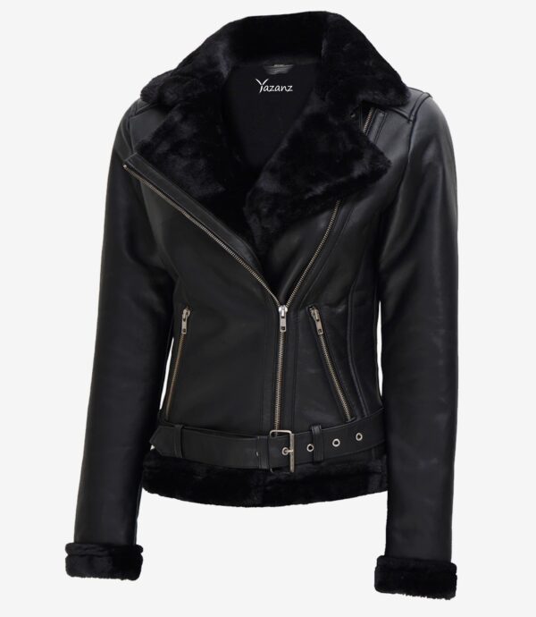 Womens Black Moto Jacket  Real Leather, Cozy Shearling Inside