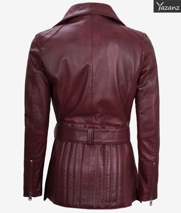 Women's Maroon Leather Moto Jacket  Belted, Side-Zip Design - Image 2