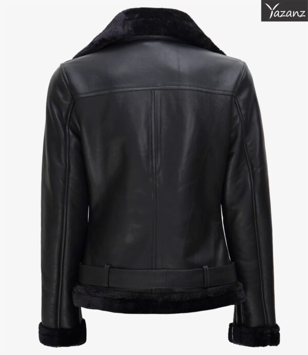 Womens Black Moto Jacket  Real Leather, Cozy Shearling Inside - Image 2