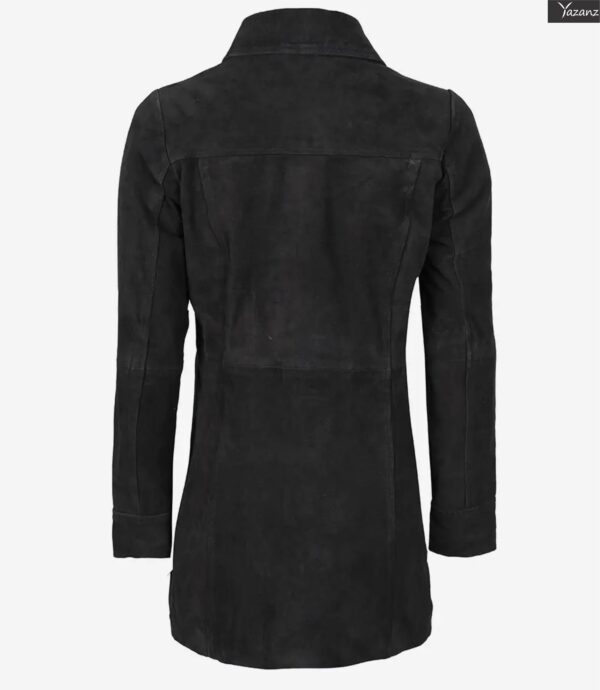 Women's Black Suede Trench-Style Button Coat - Image 3