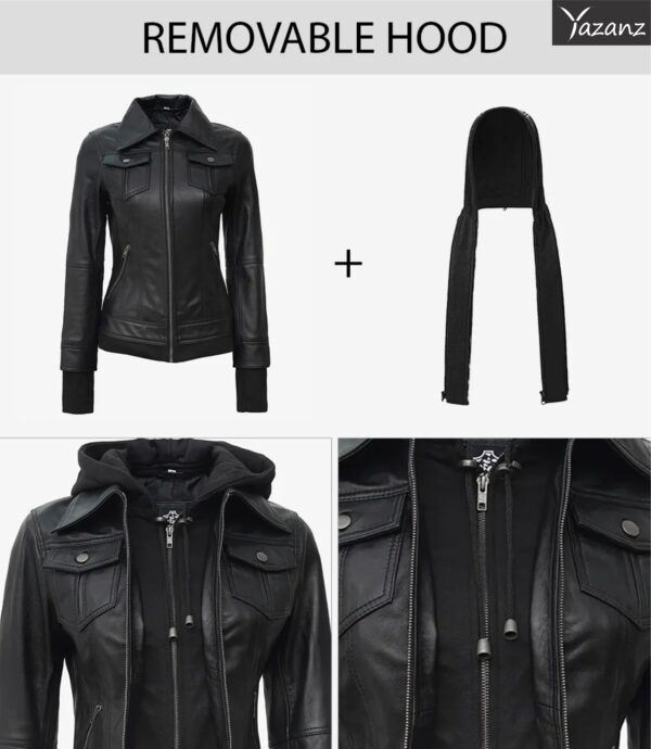 Blaze Women's Black Bomber Jacket  Removable Hood Included - Image 2