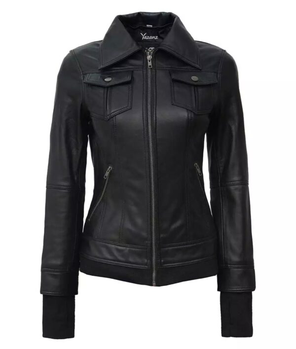 Blaze Women's Black Bomber Jacket  Removable Hood Included - Image 4