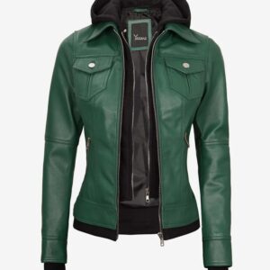 Blaze Women's Green Bomber Jacket  Removable Hood Included