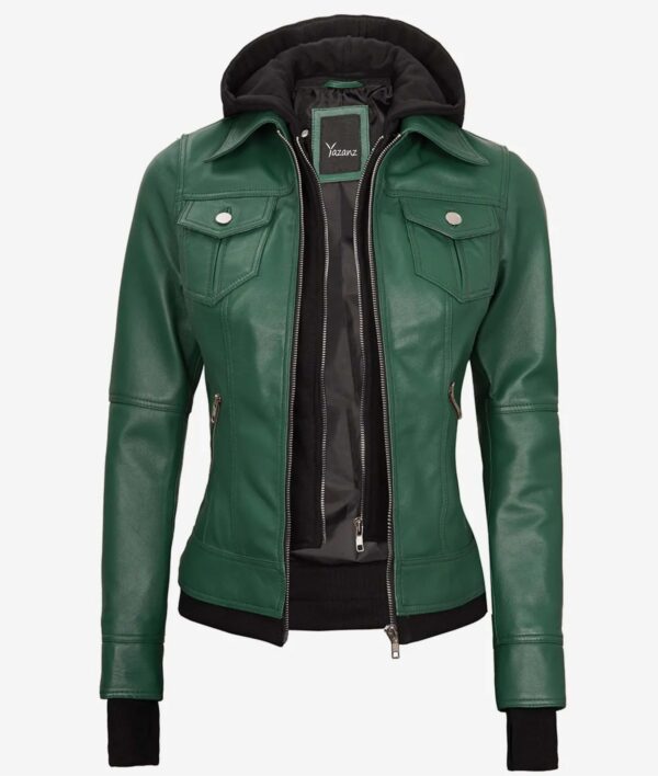 Blaze Women's Green Bomber Jacket  Removable Hood Included