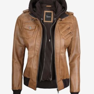 Blaze Women's Camel Bomber Jacket  Removable Hood Included