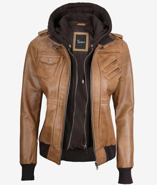 Blaze Women's Camel Bomber Jacket  Removable Hood Included
