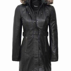 Womens Black Premium Leather Coat with Removable Fur Hood