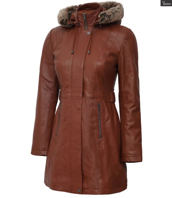 Womens Brown Premium Leather Coat with Removable Fur Hood - Image 2