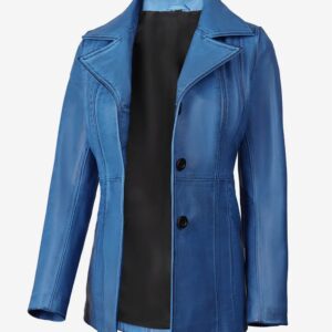 Womens Stylish Blue Waxed Leather Coat  Three Buttons
