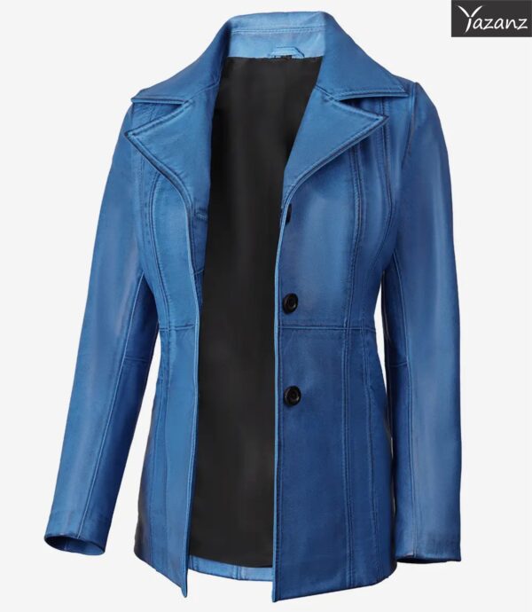 Womens Stylish Blue Waxed Leather Coat  Three Buttons