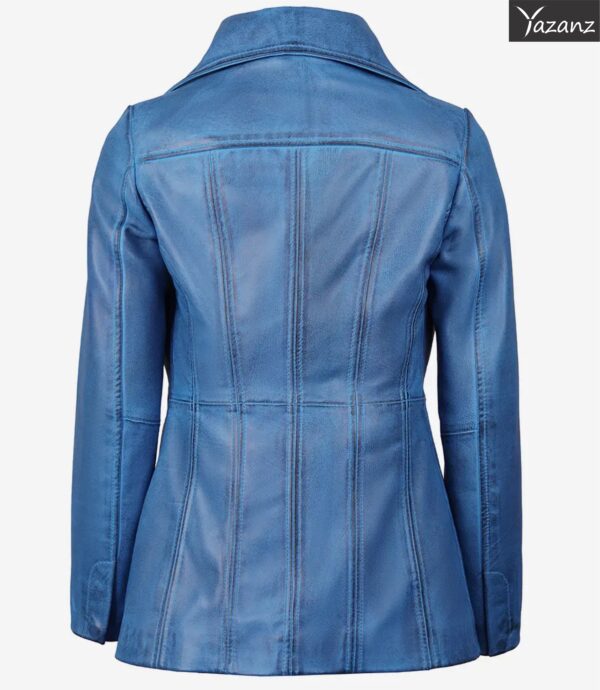 Womens Stylish Blue Waxed Leather Coat  Three Buttons - Image 3