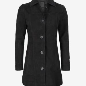 Women's Black Suede Trench-Style Button Coat