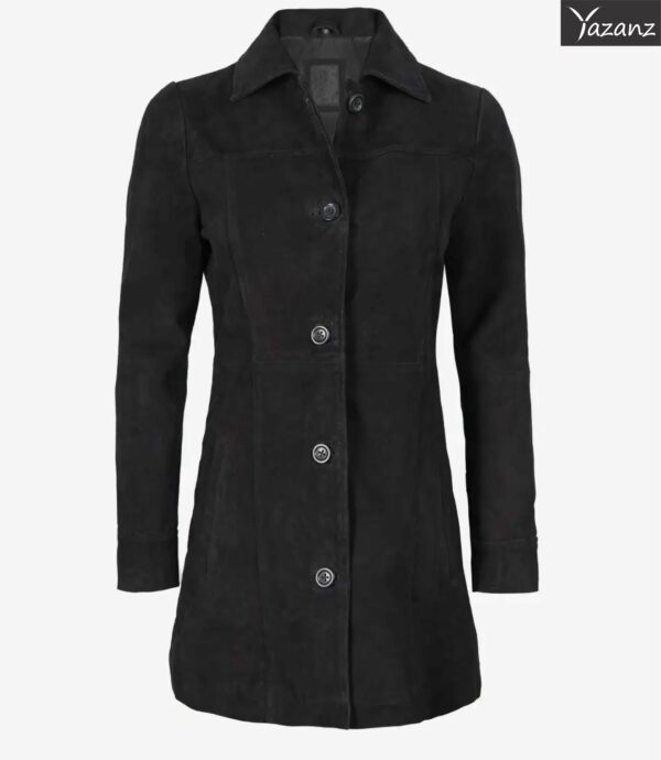 Women's Black Suede Trench-Style Button Coat