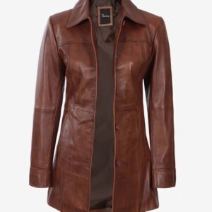 Womens Chestnut Leather Coat â€” 3/4 Length with Button Closure