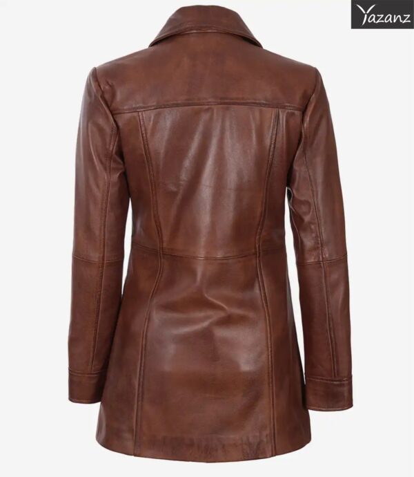 Womens Chestnut Leather Coat â€” 3/4 Length with Button Closure - Image 2